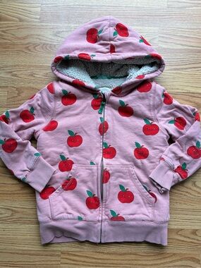 Mini Boden Fleece Lined Hooded Zip-Up Sweatshirt with Red Apple Print - Size 7-8